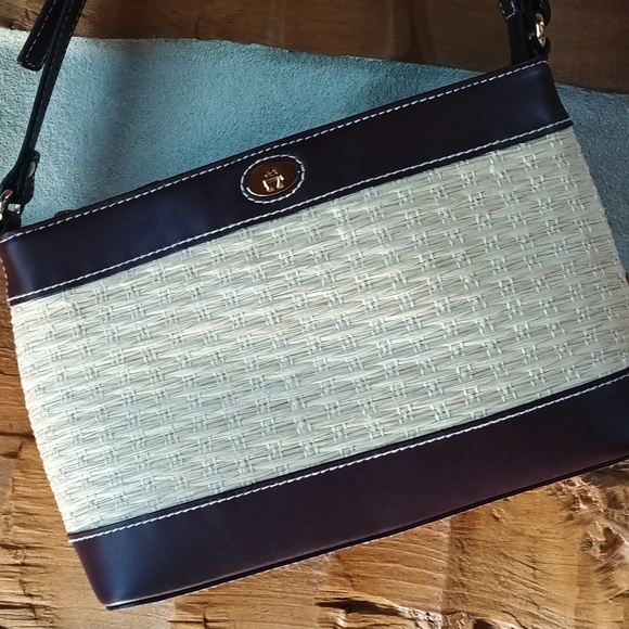 Etienne Aigner Handbags - Etienne Aigner Carmel collection small woven tan purse with brown strap.